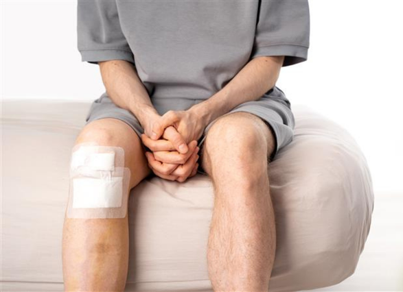 Persona sentada con rodilla herida